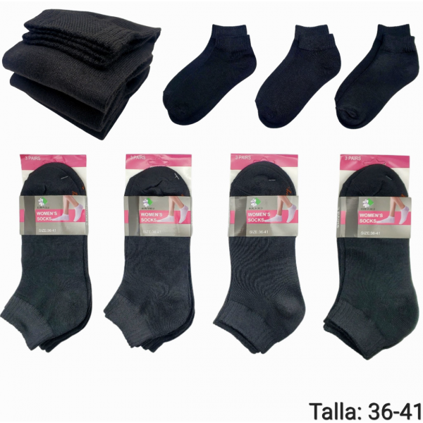 12 Pares Calcetines Mujer Corto Deportivas Negro C-4300-1